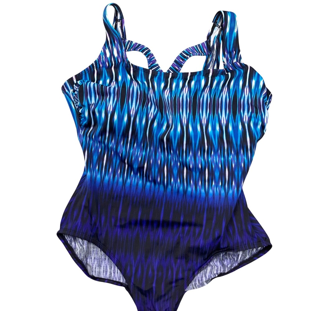 Robby Len 1 Pc Swimsuit Womens 16 Blue Geometric Stripe Strappy Ikat Modest